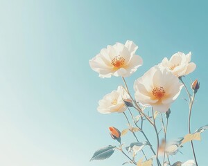 Fototapeta premium Delicate White Roses in Bloom A Botanical Portrait Against a Serene Azure Sky Backdrop