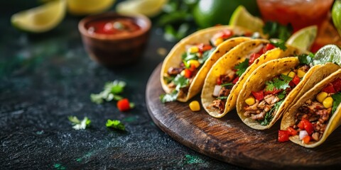 Tasty tacos filled with fresh ingredients served on a wooden board with salsa and lime on a dark background