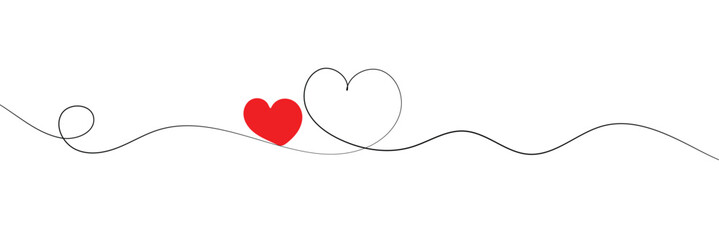 Continuous one line drawing of red heart isolated on white background. EPS 20vector illustration for banner, template, poster, web, app, valentine's card, wedding. Black thin line image of heart icon 