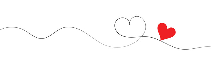 Continuous one line drawing of red heart isolated on white background. EPS 20vector illustration for banner, template, poster, web, app, valentine's card, wedding. Black thin line image of heart icon 