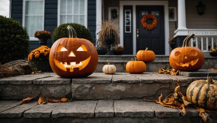 Halloween, illuminated pumpkins by the building, skull