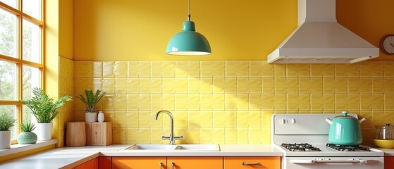 Retro Kitchen, Sunny Yellow, Colorful Tiles