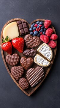 Delicious heart-shaped platter filled with assorted chocolates and fresh fruits.