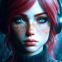 Model red hair green eyes wearing headset