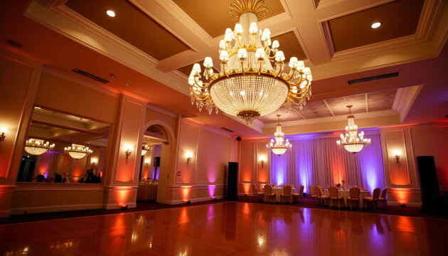 Elegant chandelier illuminating grand ballroom during evening event, luxury