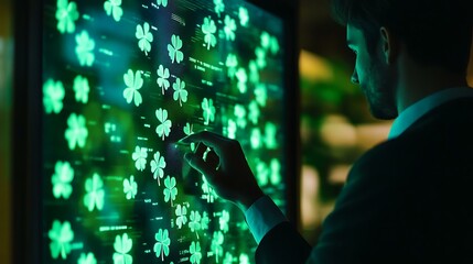 A modern professional analyzing economic indicators with a transparent digital screen displaying faint shamrocks