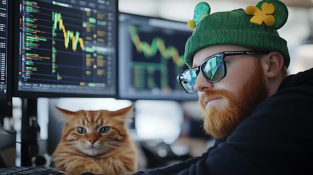 A modern-day analyst working on a trading desk, reviewing financial data with St. Patrickâ€™s Day-themed indicators