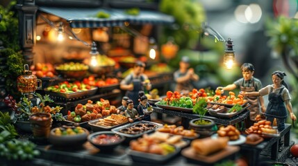 A detailed miniature market scene with vendors and various food items on display.