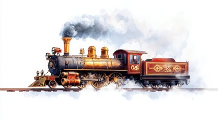 Obraz premium Vintage steam locomotive on rails with smoke and brass elements in classic design