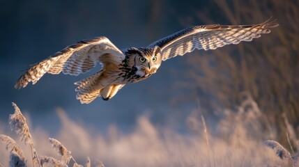 Fototapeta premium Eagle Owl in Flight over Frozen Reed