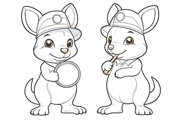 Naklejka premium Tiny kangaroo wearing a tiny explorer’s hat, holding a magnifying glass.