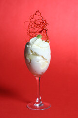 Elegant dessert featuring creamy texture, whipped topping, caramel garnish, mint sprig resting on bright crimson surface