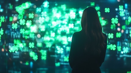 A professional woman in a corporate setting, examining cryptocurrency trends on a futuristic display with a hint of green clovers