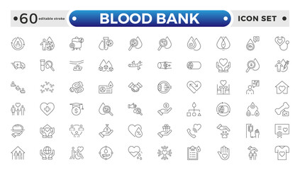 Blood Bank outline icon set with blood, donation, plasma, platelets, hemoglobin, apheresis, phlebotomy, transfusion, crossmatch blood bag, and hearts. Editable stroke outline icon. 
