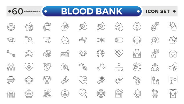 Blood Bank outline icon set with blood, donation, plasma, platelets, hemoglobin, apheresis, phlebotomy, transfusion, crossmatch blood bag, and hearts. Editable stroke outline icon. 
