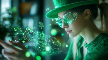 A woman in a professional setting using augmented reality charts with a faint overlay of St. Patrickâ€™s Day elements