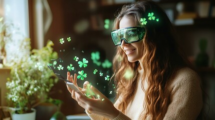 A woman in a professional setting using augmented reality charts with a faint overlay of St. Patrickâ€™s Day elements