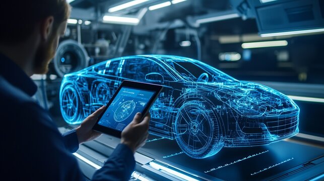 Mechanic engineer analyzing aerodynamic data on digital tablet in wind tunnel testing of eco-friendly car