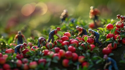 Miniature figures harvesting small fruits in a lush green environment.