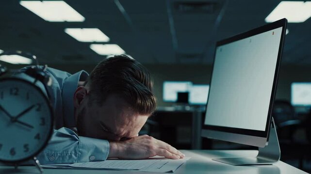Stressed professional dozing at desk during late night, surrounded by computer with white screen and alarm clock, revealing workplace burnout and mental exhaustion