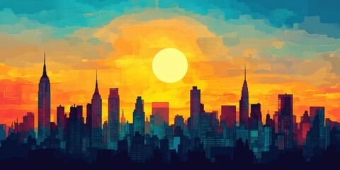A dazzling city skyline bathed in vibrant oranges, yellows, and blues. Skyscrapers rise majestically against the horizon, their intricate silhouettes creating a dynamic urban tapestry