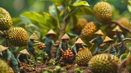 Miniature figures harvesting durian fruits in a lush, tropical setting.