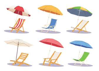 Beach chair lounger with umbrella. Summer vacation by the sea. Warm summer sunny days on vacation. Vector illustration