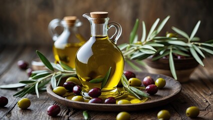 Glass bottle of olive oil with green and black olives on a wooden table surrounded by fresh olive leaves