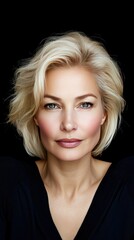 Fototapeta premium Portrait of a woman with short blonde hair and striking blue eyes in a studio setting with soft lighting emphasizing her features