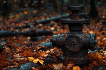 Fototapeta premium Rusty metal valve sits amidst fallen autumn leaves in a forest, evoking a sense of age and decay.