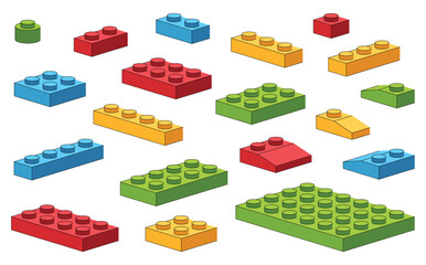 Construction blocks. Elements of children plastic bricks for building various structures. Child development through playing with construction toys. Vector illustration