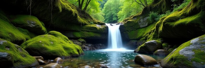Obraz premium Moss-covered rocks near Barranco de Azuaje waterfall, waterfall, landscape, serene