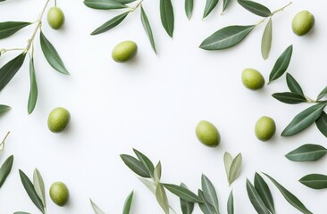 Olive branches, green olives frame, white background, food blog