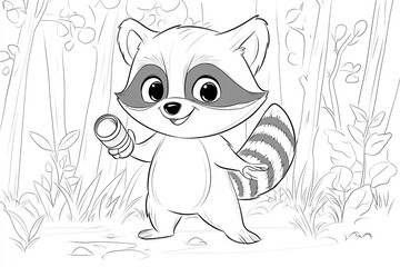Obraz premium Baby raccoon holding a tiny flashlight, exploring the forest.