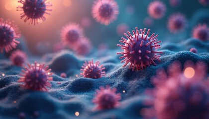 Microscopic illustration of virus infecting cell surface. Macro view of disease pathogen organism. Concept for infection spread, medical research, vaccine development, pharmaceutical innovation.