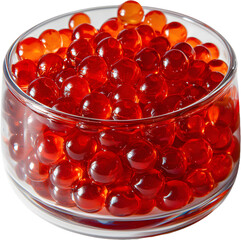 A clear glass is filled with bright red fish egg or popping boba balls.