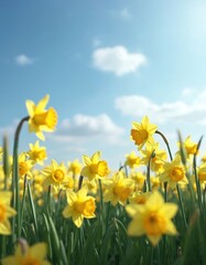 Fototapeta premium Yellow daffodils bloom in green field under bright blue sky with clouds. Spring meadow with wild narcissus flowers on sunny day. Floral blossom background. Springtime nature beauty.