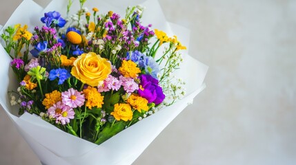 a bouquet of blue, yellow, and purple flowers wrapped in white paper