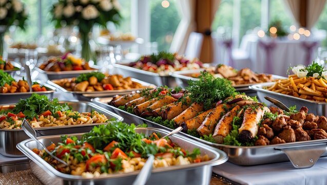 A lavish buffet spread featuring various delicious dishes, vibrant colors, and elegant presentation, ideal for events