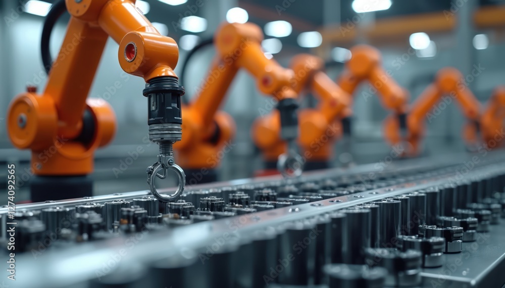 Leinwandbilder automated production line illustration shows row of robotic arms assembling parts ensuring precision