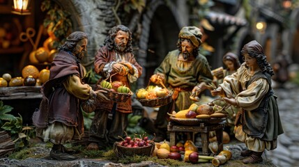 Fototapeta premium A bustling market scene with figures exchanging fruits and vegetables.