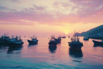 Fototapeta premium fishing boats gently rocking on the calm sea, the water reflecting the soft pink and purple sky as dusk falls.