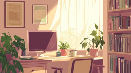Fototapeta premium Sunny home office workspace with plants, books, and computer