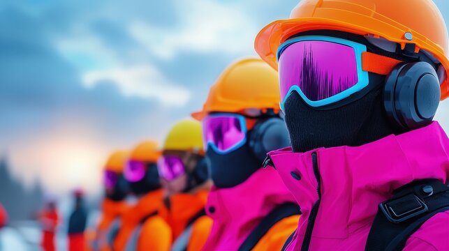 A group of skiers in bright gear stands in formation against a snowy background, showcasing vibrant colors and protective equipment.