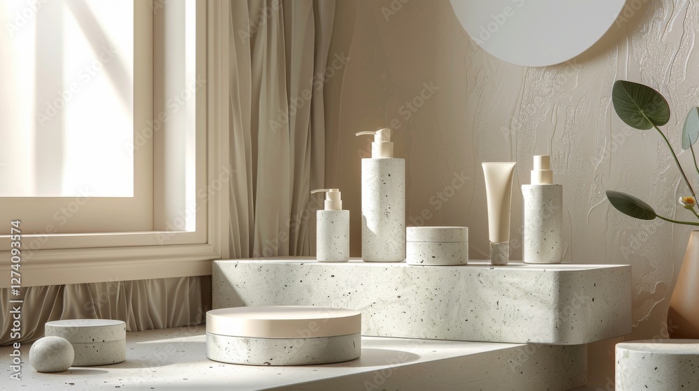 Aufkleber soft sunlight streams through a window, illuminating a sleek bathroom countertop featuring minimalis
