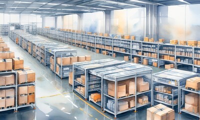 Modern Warehouse Interior with Shelves and Boxes Storing Goods