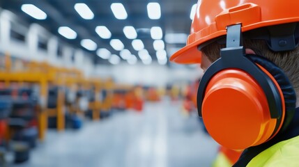 A worker in an orange hard hat and safety headphones stands in a brightly lit warehouse environment, emphasizing safety in industrial settings.