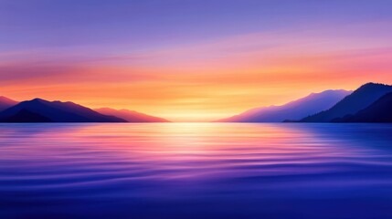 Fototapeta premium A stunning sunset over calm waters, reflecting vibrant hues of orange, pink, and purple. The distant mountains create a serene backdrop, embodying tranquility and natural beauty.