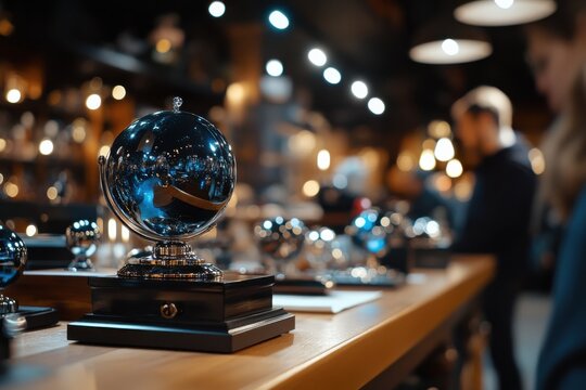 Shiny globes reflecting ambient light, placed on a wooden bar counter, creating a warm, inviting atmosphere perfect for cozy gatherings or social interactions.