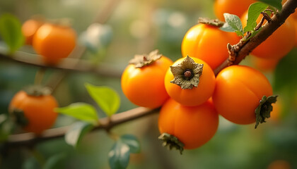 Vibrant persimmons hanging from a branch, Persimmons on a branch, Mid-Autumn Festival
